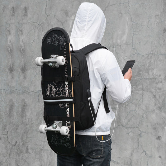 Person Wearing Anti-Theft Backpack: A person in a hooded jacket is viewed from the back, wearing a black Anti-Theft Combination Lock USB Charging Shoulder Bag with a skateboard attached to it.