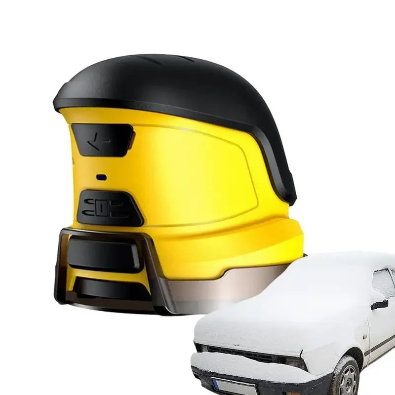 A handheld, cordless electric snow scraper in action, with its yellow and black casing