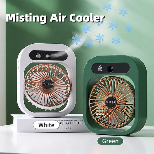 Misting Air Cooler (Green and White): The USB Misting Fan & Humidifier 2-in-1 is showcased in green and white variants. This portable misting fan offers a cooling mist technology, perfect for humidifying the air and keeping you cool.