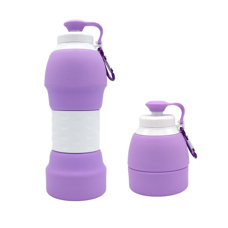 The image features a purple silicone water bottle in two states: fully expanded and half-collapsed. 