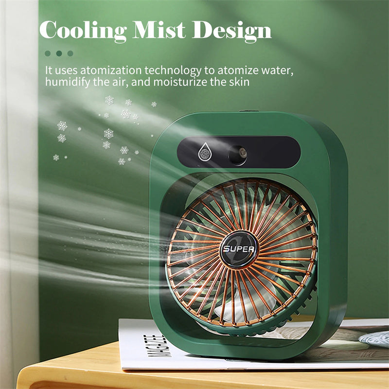 Cooling Mist Design: The USB Misting Fan & Humidifier 2-in-1 demonstrates its cooling mist design. This misting fan provides refreshing air with atomization technology to enhance comfort indoors.