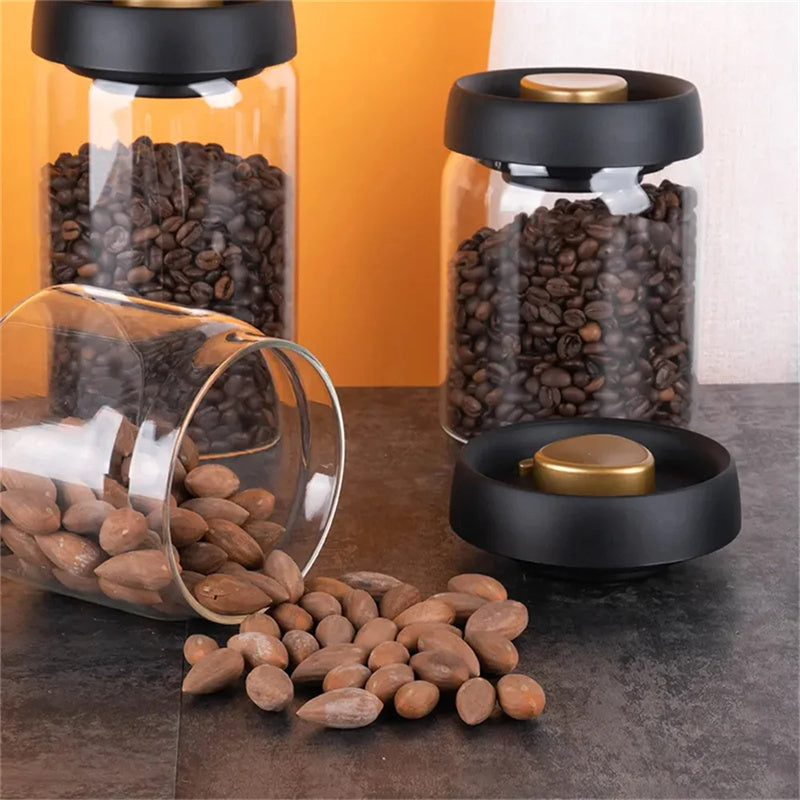 Airtight Canister for Coffee Beans: Several Airtight Canisters for Coffee Beans are displayed, each filled to the brim. These containers are designed to maintain the freshness of your coffee and other stored items.