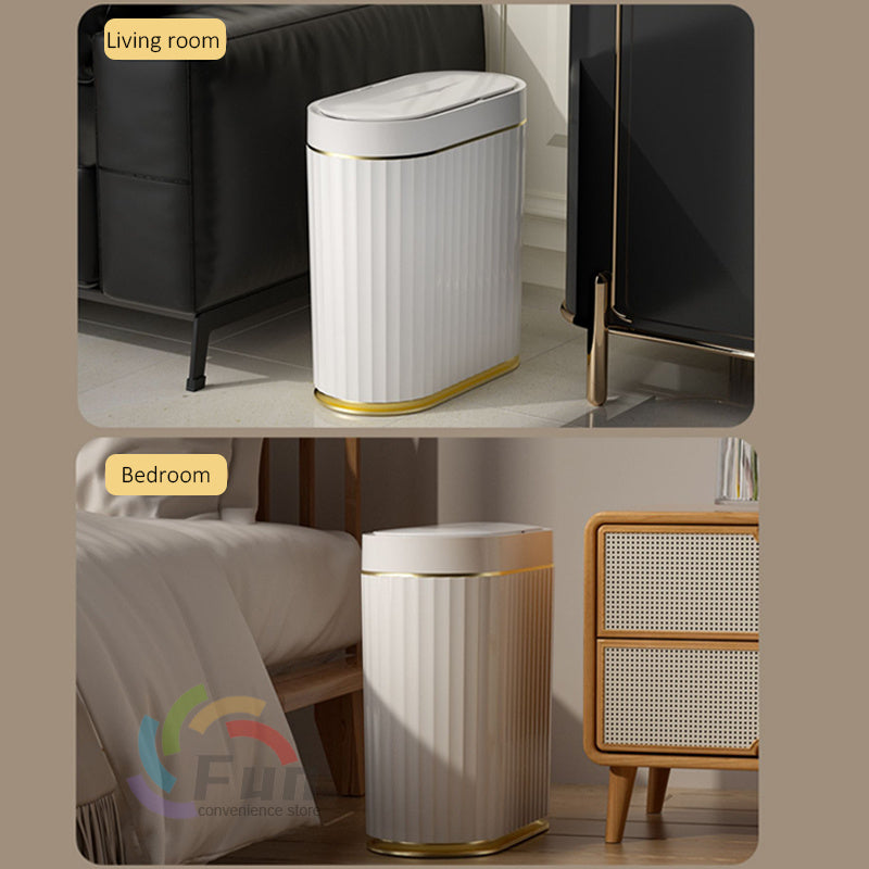 Versatile Smart Garbage Bin: Displayed in a stylish living room setting, this smart trash can, available in white and brown, complements any decor while offering convenient, sensor-activated waste disposal.