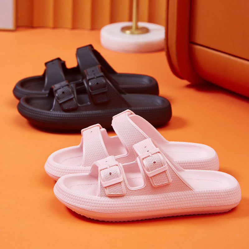 A collection of platform slippers in various colors