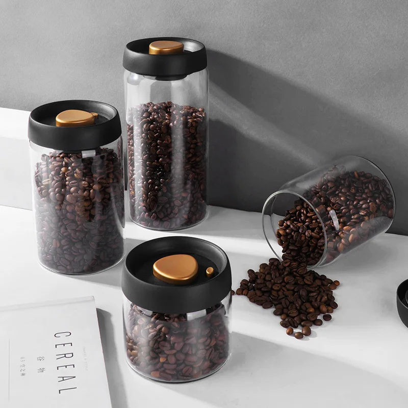 Glass Airtight Canisters for Kitchen Storage: An assortment of Glass Airtight Canisters for Kitchen Storage, all filled with coffee beans, is shown. These canisters are perfect for organizing your pantry and keeping your food fresh.