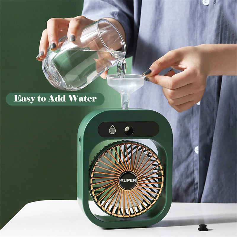 Easy to Add Water: The image highlights the convenience of adding water to the USB Misting Fan & Humidifier 2-in-1. This portable misting fan is user-friendly, allowing for easy water refills to maintain optimal misting.