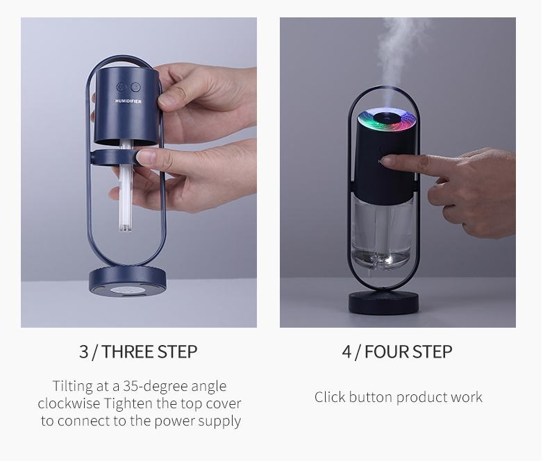 Demonstrates the humidifier being operated by a hand, with the touch-sensitive top illuminating to acknowledge the input.