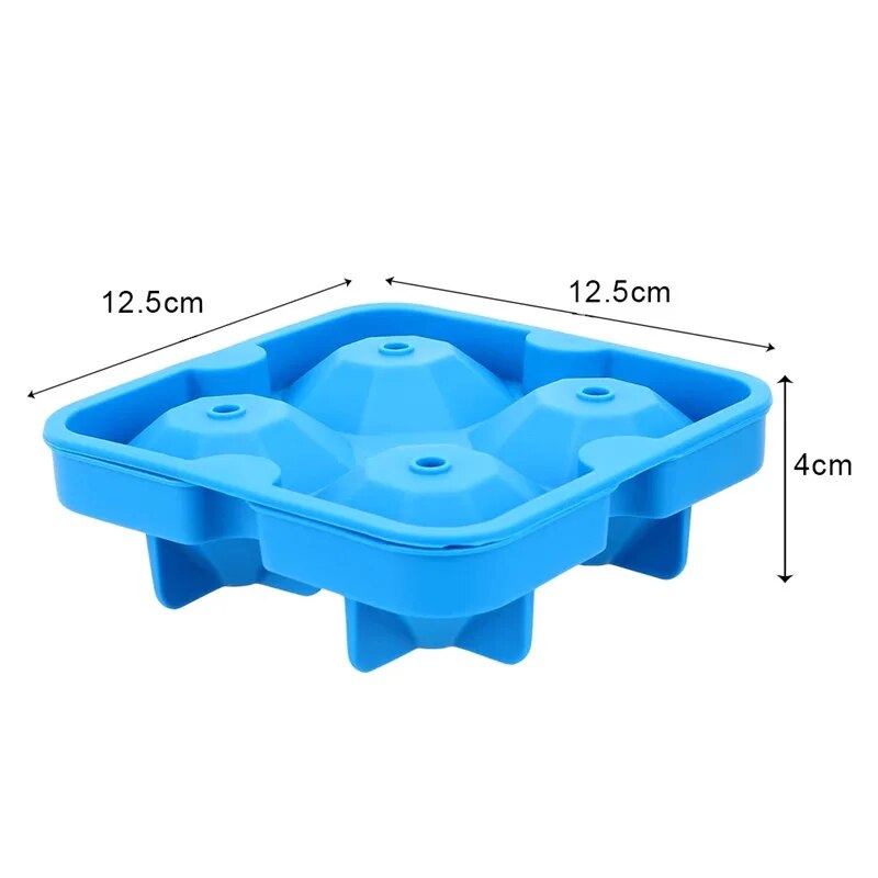 Measurement specifications of the blue silicone ice cube tray, detailing the dimensions of each diamond-shaped cavity.