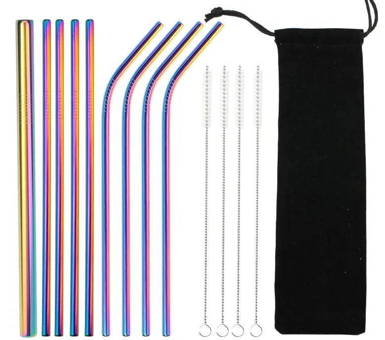 9 mixed rainbow Stainless Steel Reusable Straws Set with Brush with bag