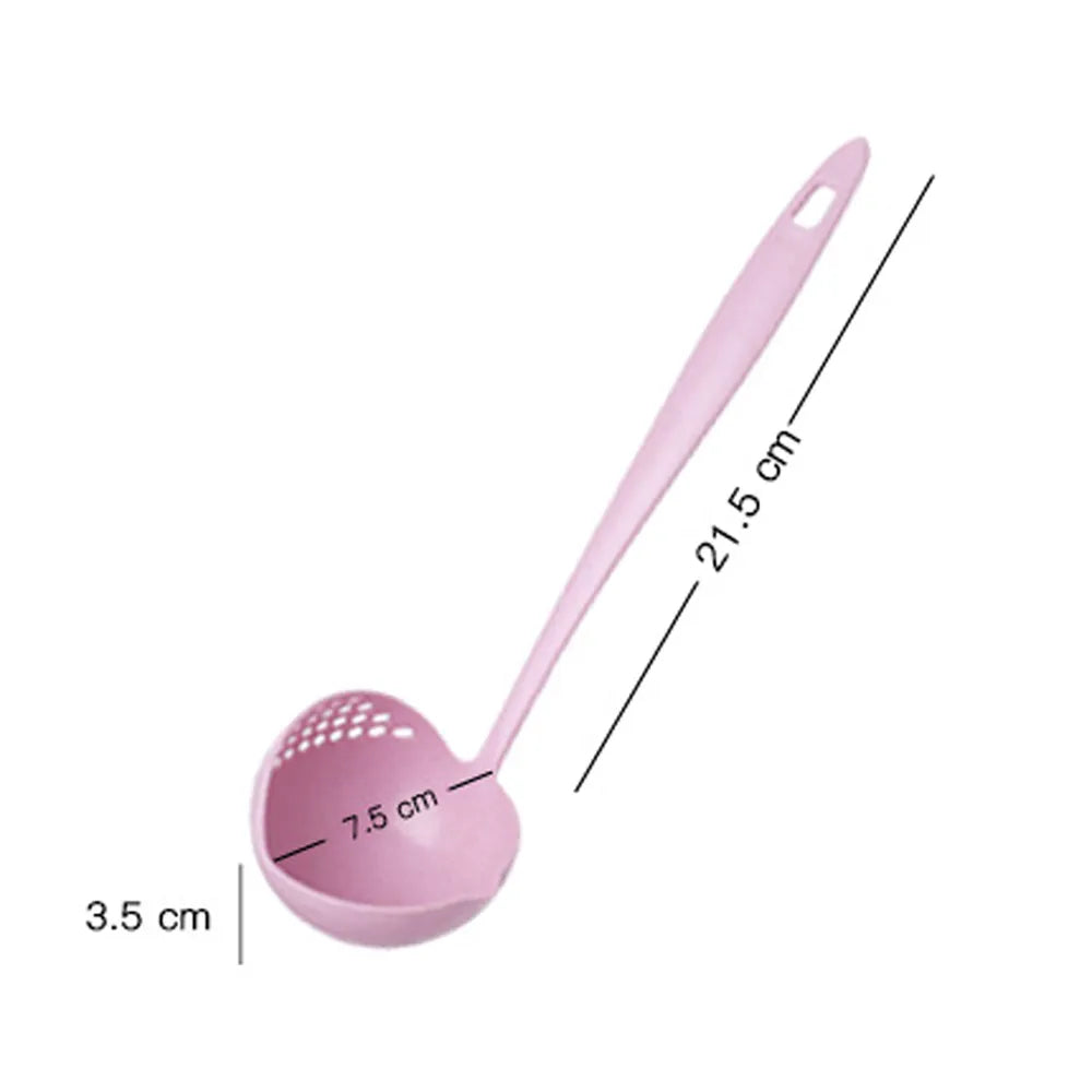 The image displays a pastel pink soup spoon ladle with a long handle, featuring dimensions labeled: the spoon's bowl is 7.5 cm across, the handle is 21.5 cm long, and the depth of the bowl is 3.5 cm.