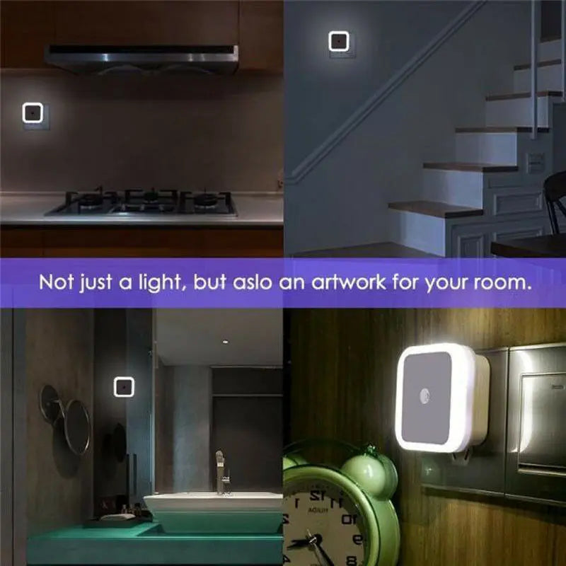 The Wireless LED Night Light Sensor is displayed in different rooms, highlighting its versatility. It's not just a light but also an artwork for your room. This nightlight enhances the ambiance of spaces like kitchens, staircases, and bedrooms, offering both decorative and functional benefits.