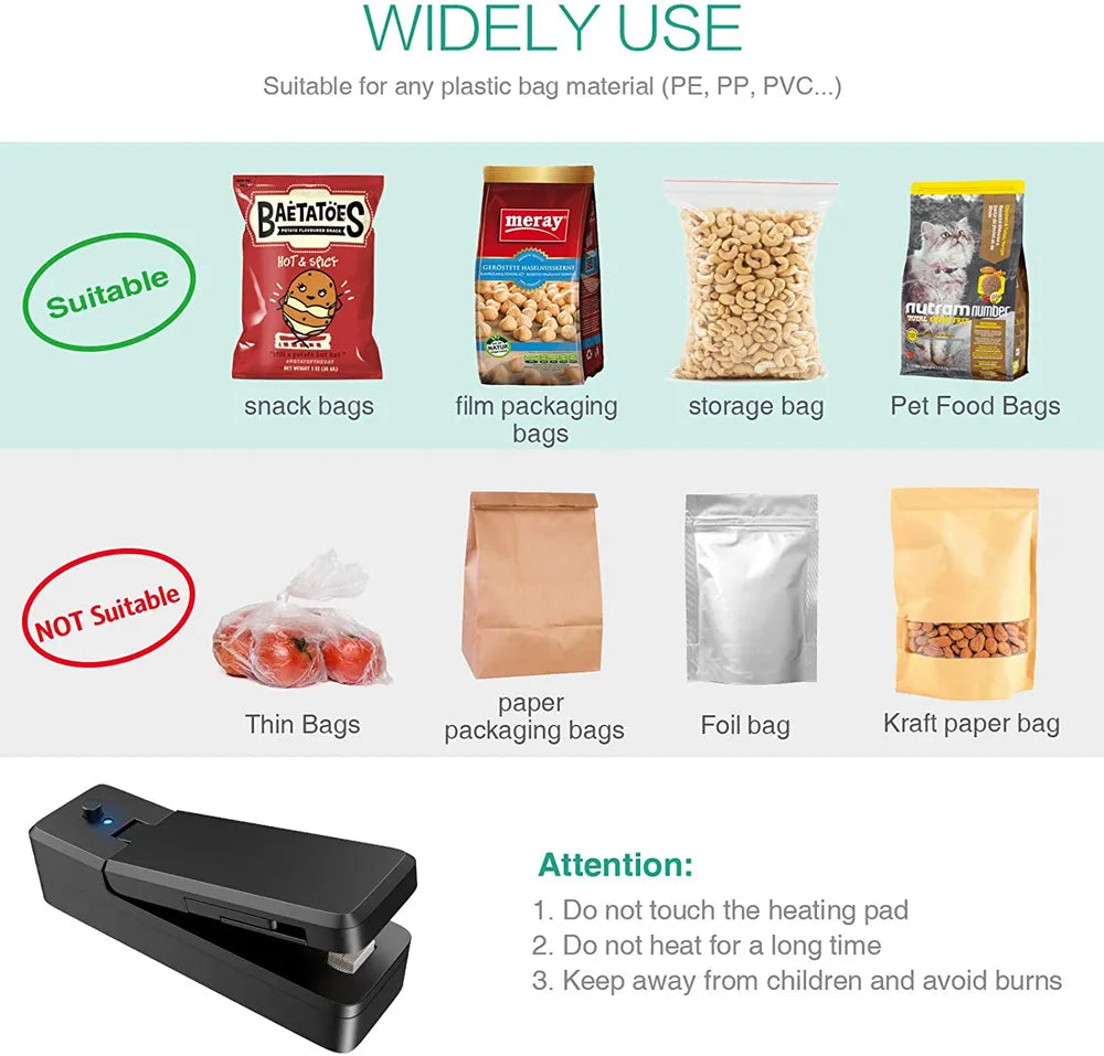 Efficient & Portable 2-in-1 Mini Bag Sealer: USB Rechargeable Heat Sealer and Cutter for Food Storage and Freshness
