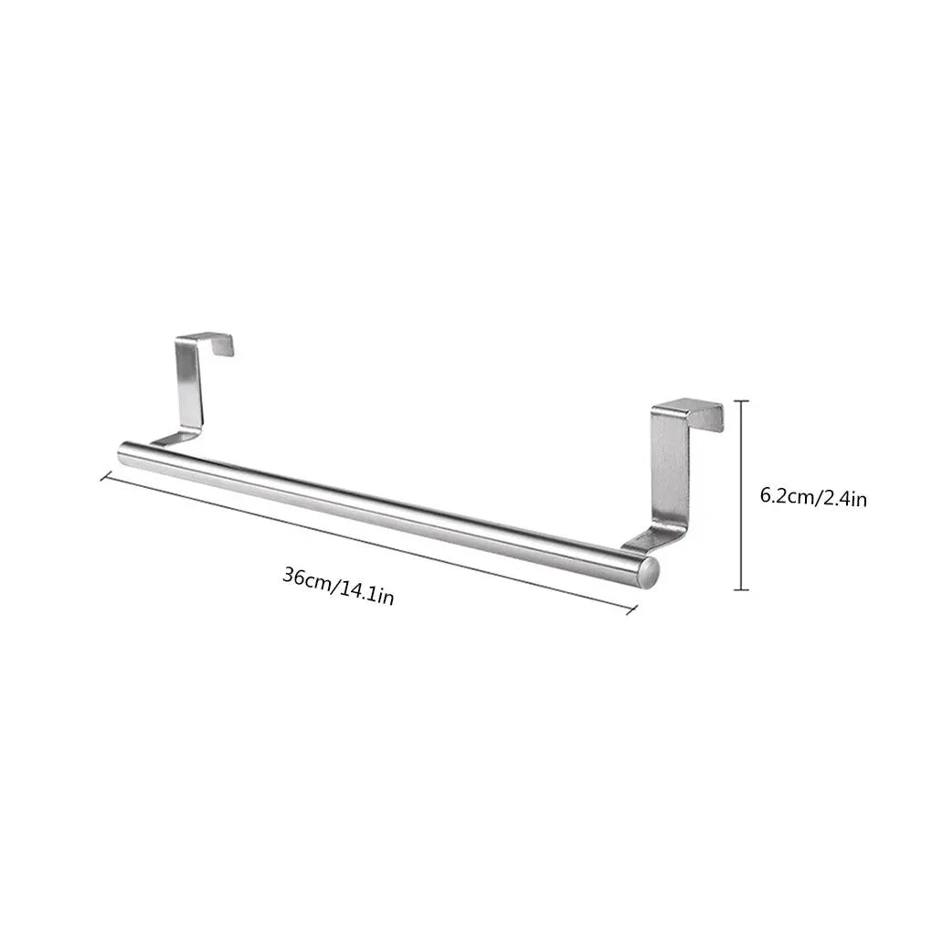 This image shows a diagram of a stainless steel towel rack designed to hang over a door. The rack has a horizontal bar for holding towels and two vertical hooks with padding for stability and to protect the door surface. The design is simple and functional, aimed at maximizing space without the need for installation tools.