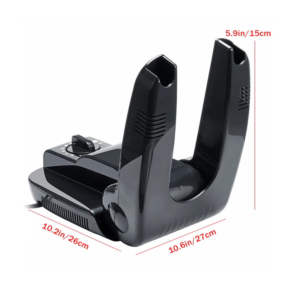 Dimensions & Design: The shoe dryer's dimensions are presented with measurements, alongside a close-up view of its black, sleek design featuring extended air tubes for drying.