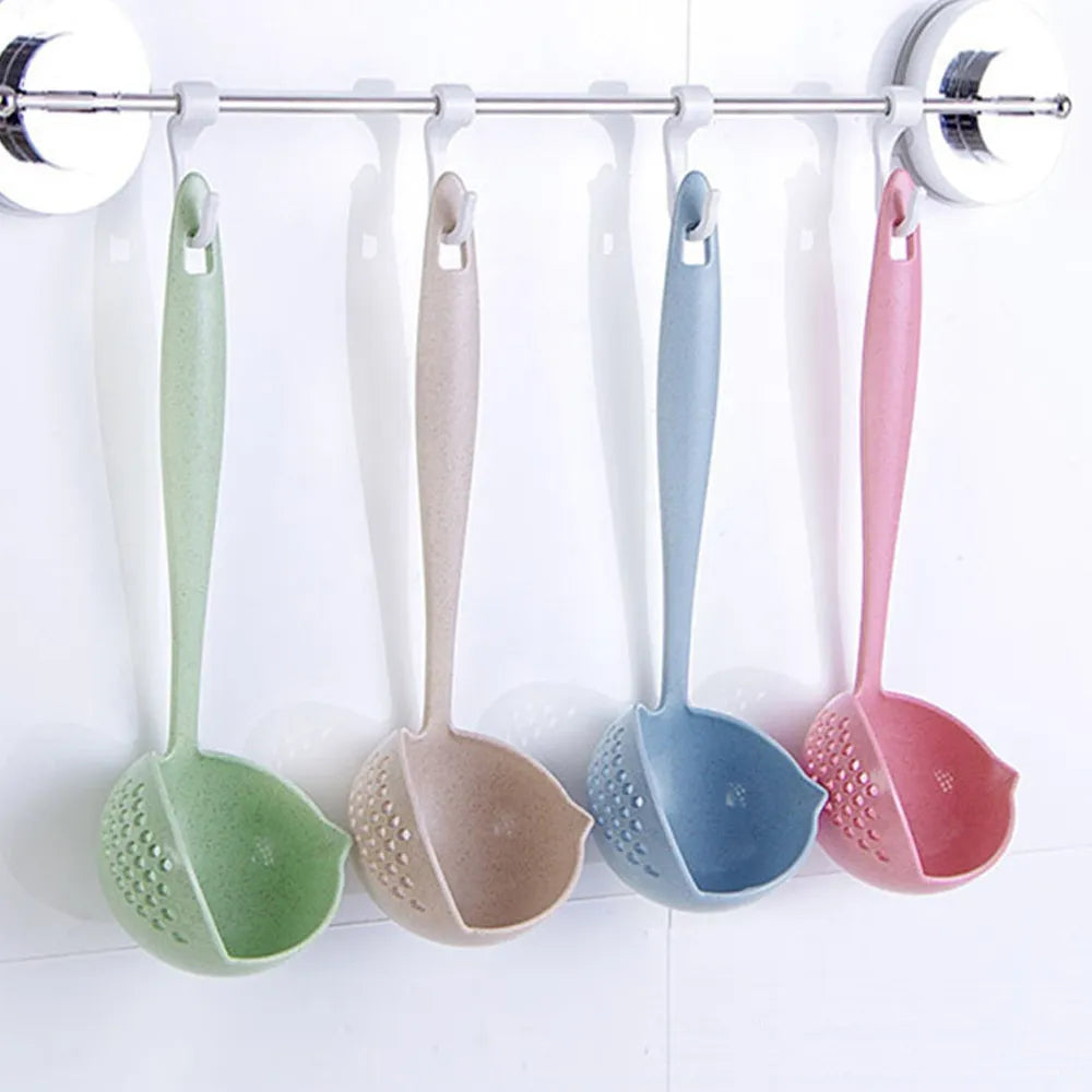 Multiple ladles with long handles in elegant blue, powder pink, green, and brown are hung neatly on a kitchen rack, showcasing the variety of available colors.