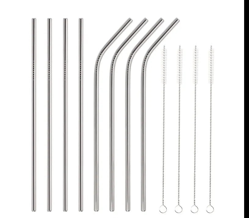 8 silver Stainless Steel Reusable Straws Set with Brush