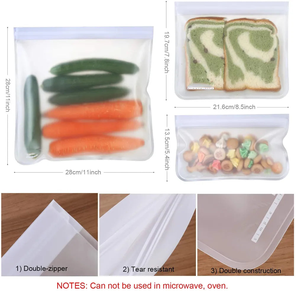 dimensions and A close-up of a silicone storage bag sealed with a sliding bar, showcasing its ability to hold various fruits.