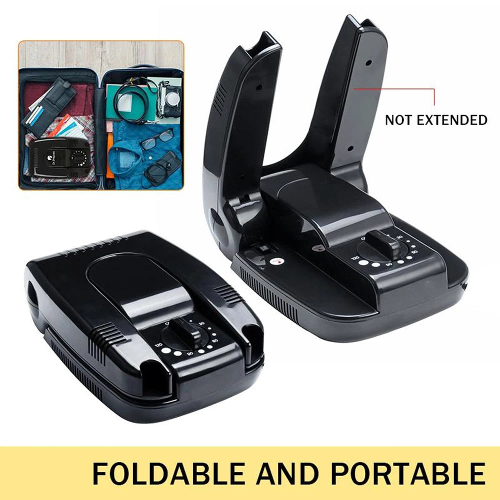 Foldable and Portable: Here, the shoe dryer is shown in both folded and unfolded states, highlighting its black color, compact design, and portability, making it ideal for space-saving storage and travel.