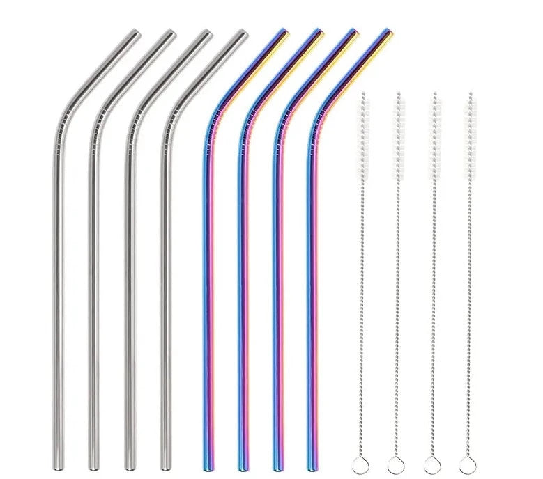 4 bent silver and 4 bent rainbow Stainless Steel Reusable Straws Set with Brush