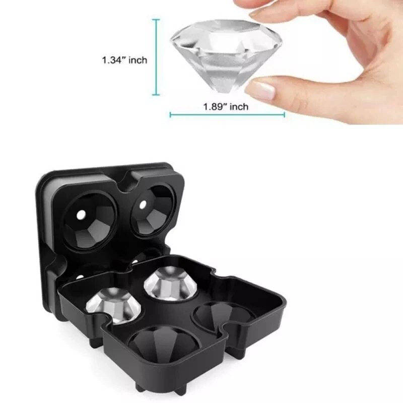 A black silicone ice cube tray with four large diamond-shaped molds, with diamond-shaped ice and measurements.