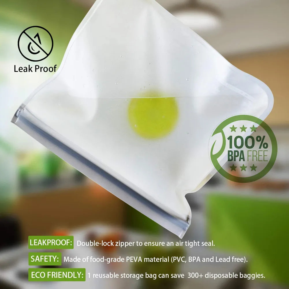 An image depicting how to seal the silicone storage bag using the sliding bar, alongside a label indicating the product is eco-friendly