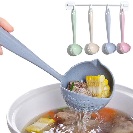 A person's hand is shown holding a light blue kitchen ladle with integrated strainer holes, lifting vegetables and broth from a pot, emphasizing the straining function.