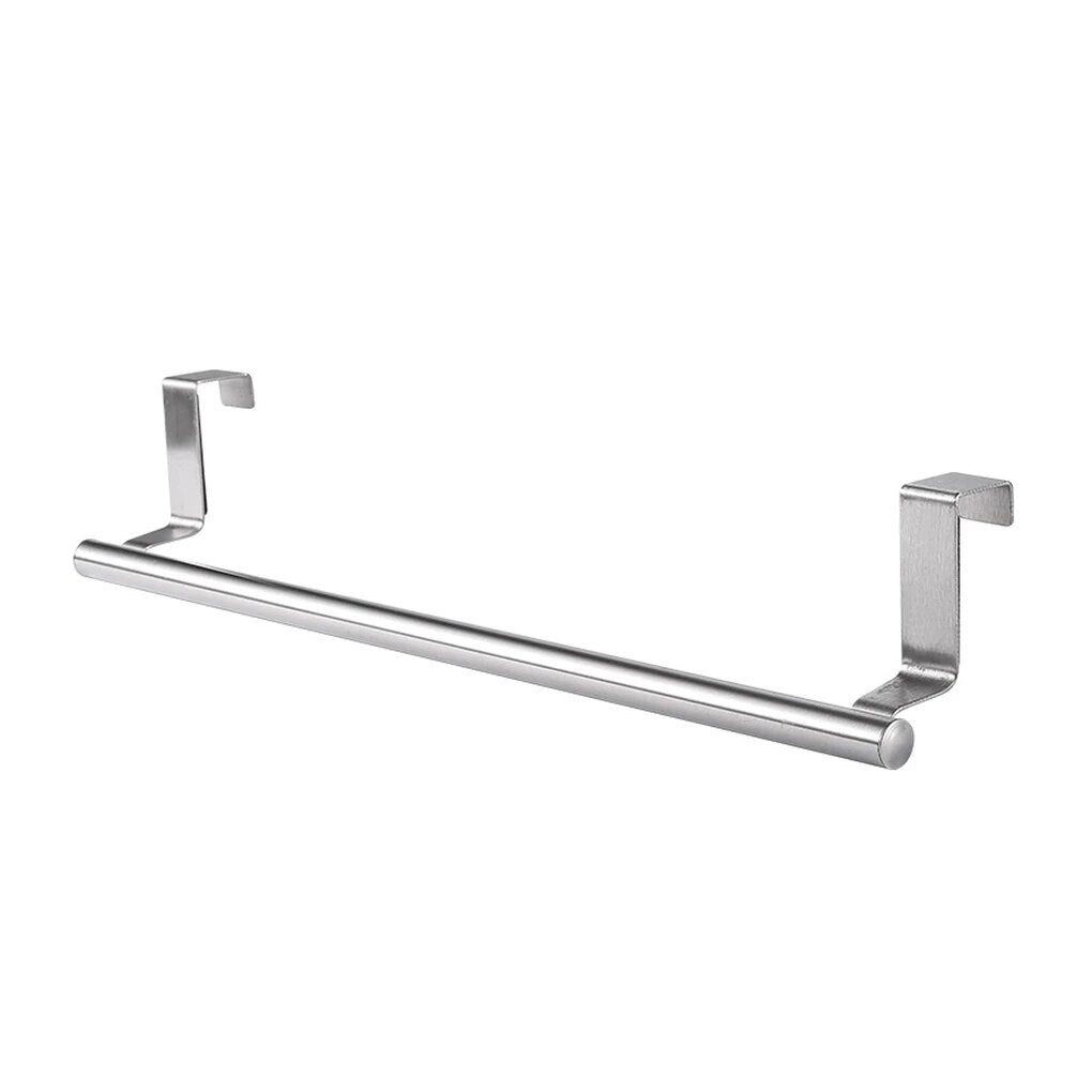 This image shows a diagram of a stainless steel towel rack designed to hang over a door. The rack has a horizontal bar for holding towels and two vertical hooks with padding for stability and to protect the door surface. The design is simple and functional, aimed at maximizing space without the need for installation tools.