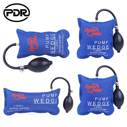  a collection of Super PDR Pump Wedges laid out, showing the different sizes available in the set. Each wedge is blue with a black pumping bulb attached, and they are emblazoned with the Super PDR logo and the text "PUMP WEDGE".