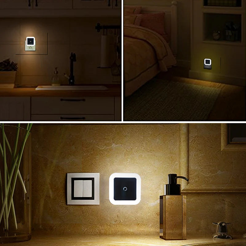 Various installations of the Wireless LED Night Light Sensor in different home settings are shown. Whether in the kitchen, bathroom, or bedroom, this nightlight provides a reliable source of illumination. Its sleek design ensures it complements any interior decor while offering practical lighting solutions.