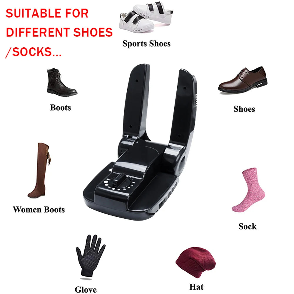 Suitable for Different Shoes/Socks: Various types of footwear and socks are illustrated around the shoe dryer, including sports shoes, boots, gloves, and socks, demonstrating the dryer's versatility.