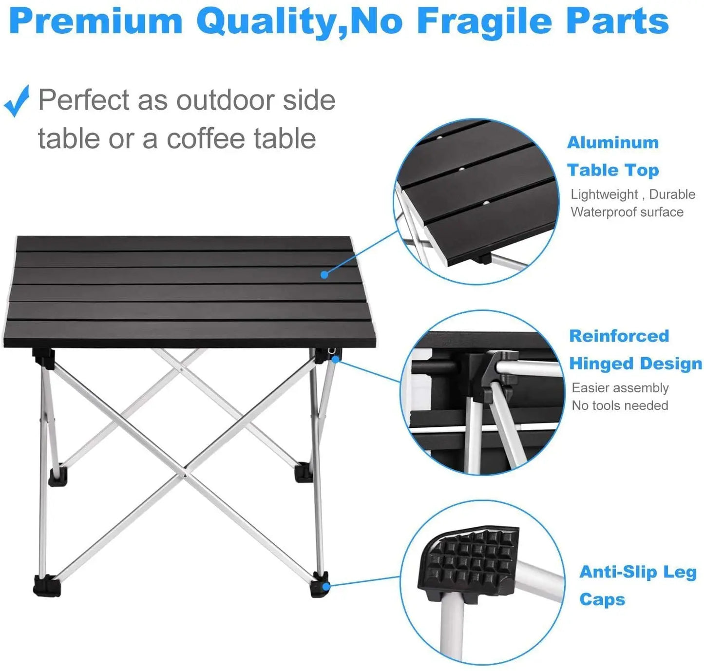  table being used by a group of people seated around it: "Gather around this practical folding table for a shared meal outdoors, illustrated here supporting food and drinks for a group, highlighting its sturdy construction and ample surface area.