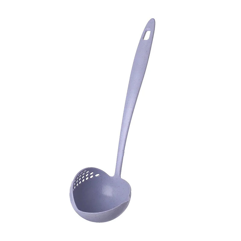 A side view of the same pastel purple soup spoon ladle, showing the rounded bowl with strainer holes on one side and a long, slender handle,
