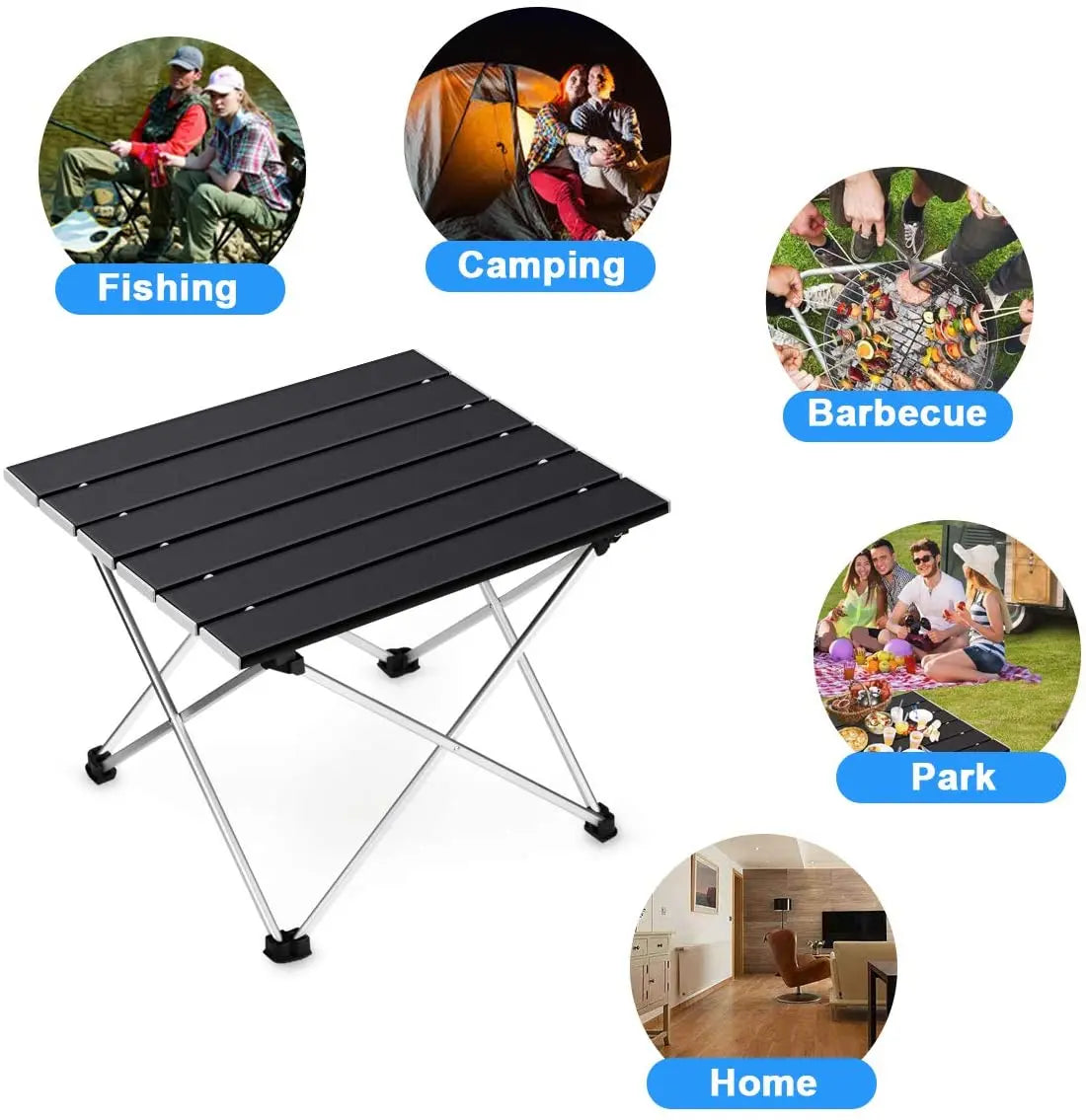 Image depicting various usage scenarios of the table at different outdoor events: "This multipurpose folding table is depicted in various settings, demonstrating its adaptability for events from beach outings to casual backyard gatherings, emphasizing its lightweight and durable design.