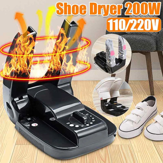 Shoe Dryer 200W 110/220V: The image displays a black electric shoe dryer with bright flames and airflow graphics, indicating powerful drying capabilities. It is suitable for a variety of footwear and has dual voltage options.