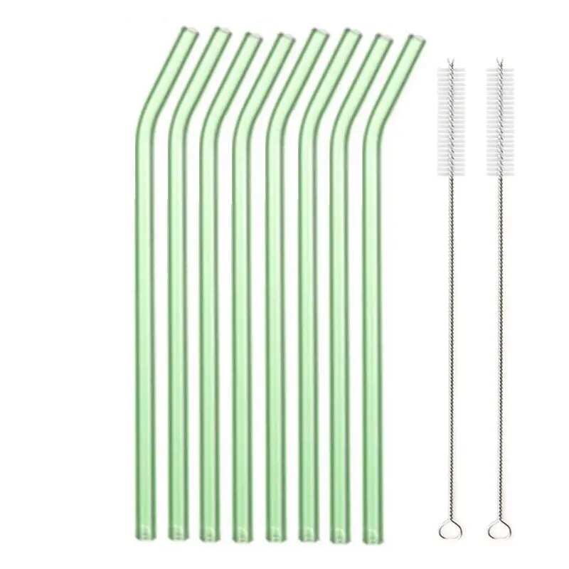 Individual images showing green bent glass straws with cleaning brushes placed beside them on a white background.