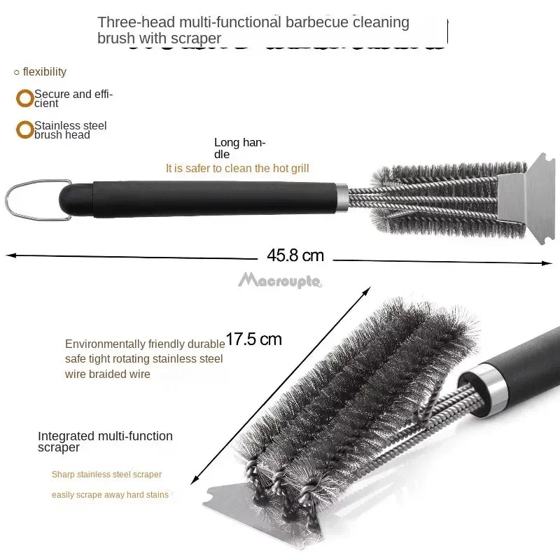 Detailed image showcasing the dimensions and design of the barbecue grill brush, emphasizing its multifunctional cleaning capabilities.