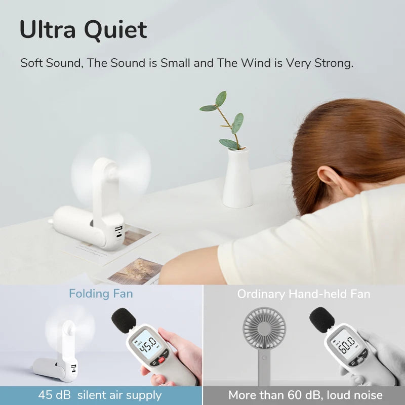 Quiet Portable Fan for Sleep: Displays the fan in a bedroom setting, highlighting its quiet operation, perfect for use during sleep.