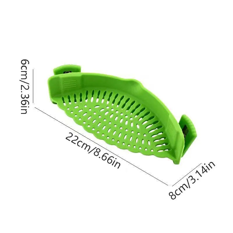 A green silicone strainer, witth measurements, is shown detached, displaying its design and clip-on feature.