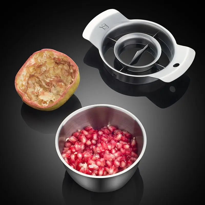The pomegranate peeling tool is shown from a top view with a pomegranate half placed upside down, highlighting its seed extraction mechanism