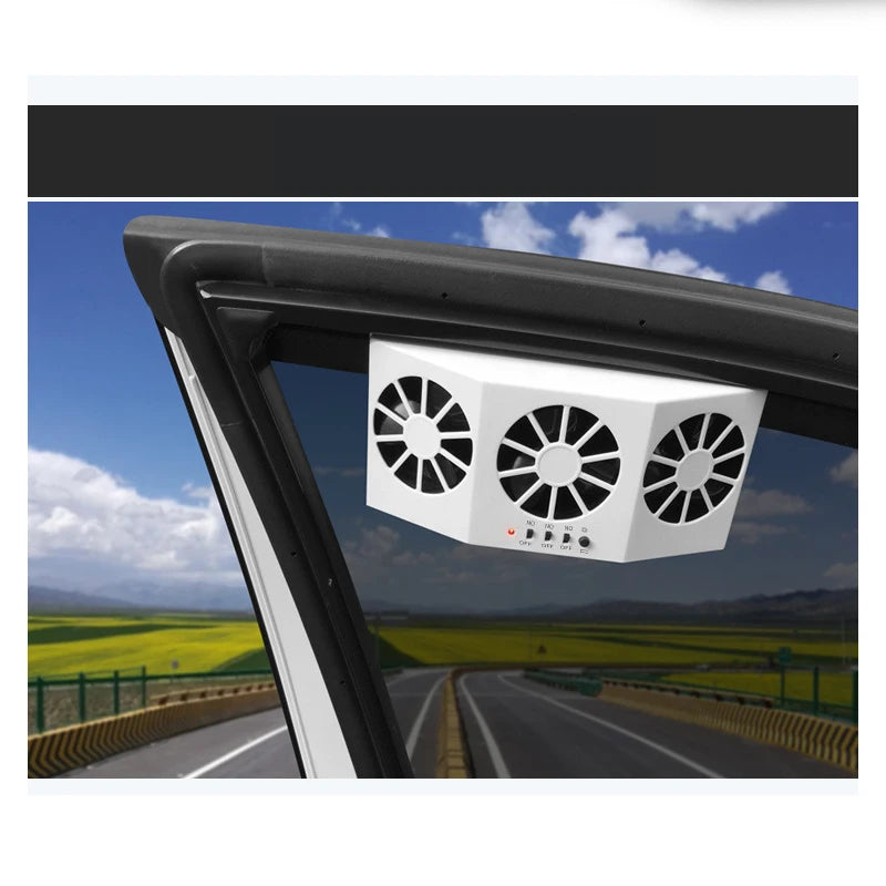 Solar Powered Car Cooling Fan - In Use: The final image shows the Solar Powered Car Cooling Fan installed on a car window, demonstrating its practical application. The fan is actively ventilating the car's interior, emphasizing its effectiveness in providing fresh air.