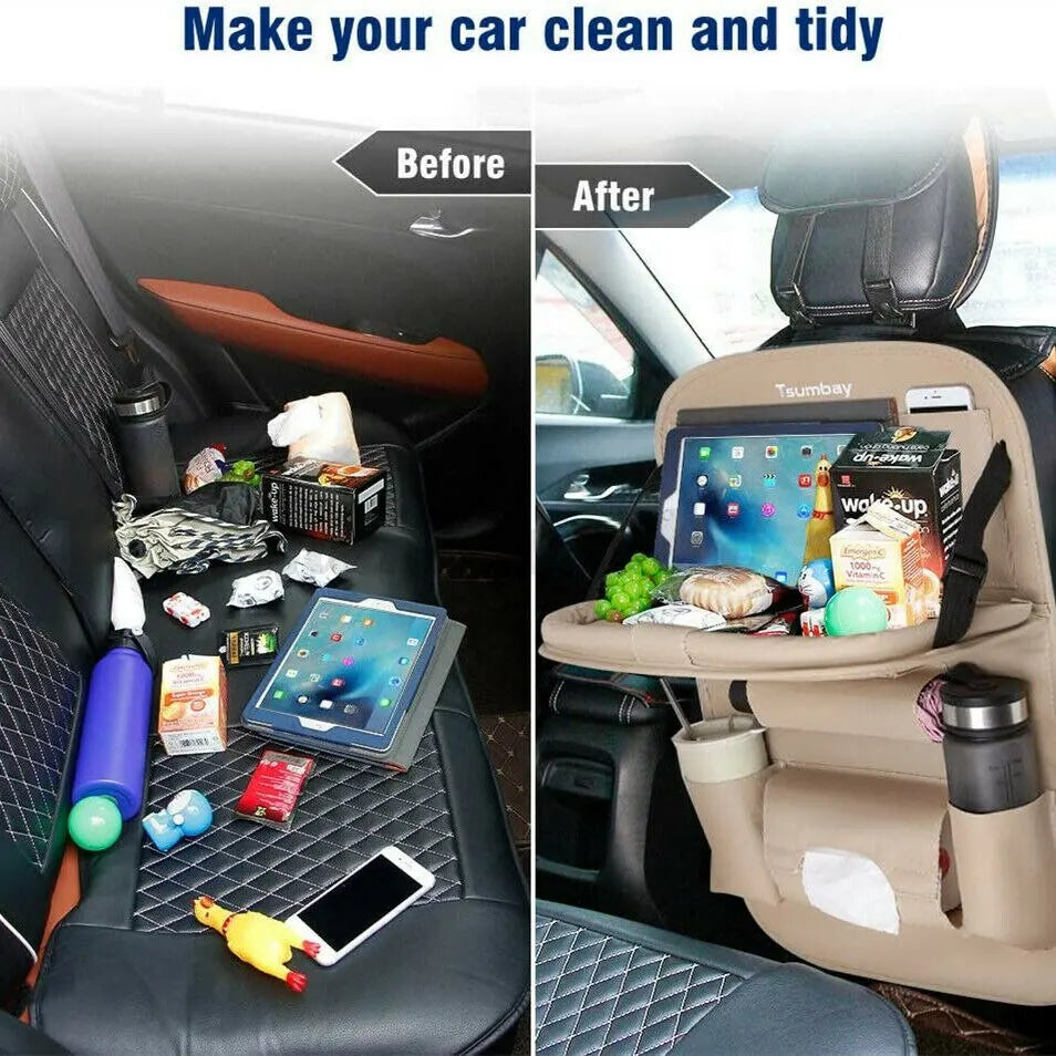 Car Seat Back Organizer - Before and After: A comparison of a cluttered car seat before using the organizer and a tidy, organized car seat after. The car seat back organizer includes a foldable table tray with various items stored neatly, emphasizing its efficiency in keeping the car clean.