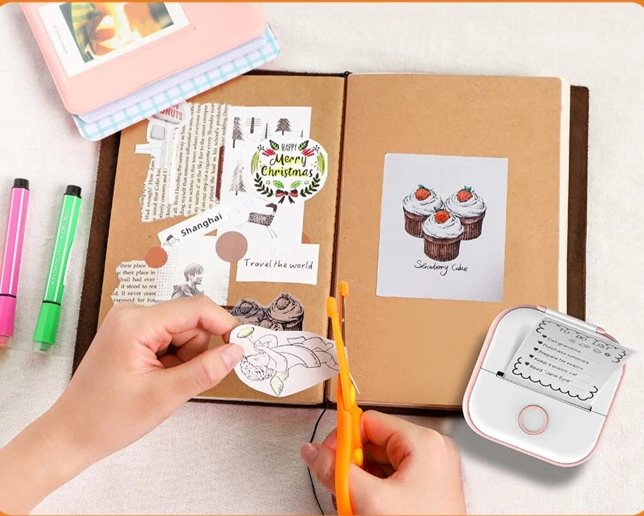 DIY Design - Photo Printing: This segment focuses on the product's DIY design potential. It shows hands crafting a bullet journal and printing photos, demonstrating how the printer can be used for personalizing memos, lists, and journal entries, enhancing creativity and organization.