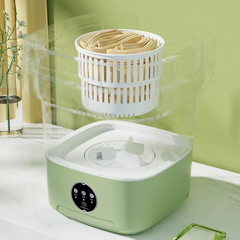 Inside view of the green 11L washing machine showcasing its spacious interior with a white spin basket, demonstrating its capacity for holding clothes, with a folded and unfolded view adjacent to each other