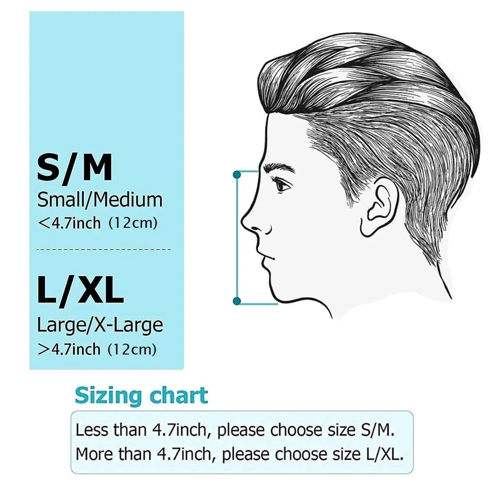 Sizing Chart for Snorkeling Mask  This image presents a sizing chart for the snorkeling mask, illustrating sizes S/M and L/XL. It helps users select the appropriate size based on their head measurements for a comfortable fit.