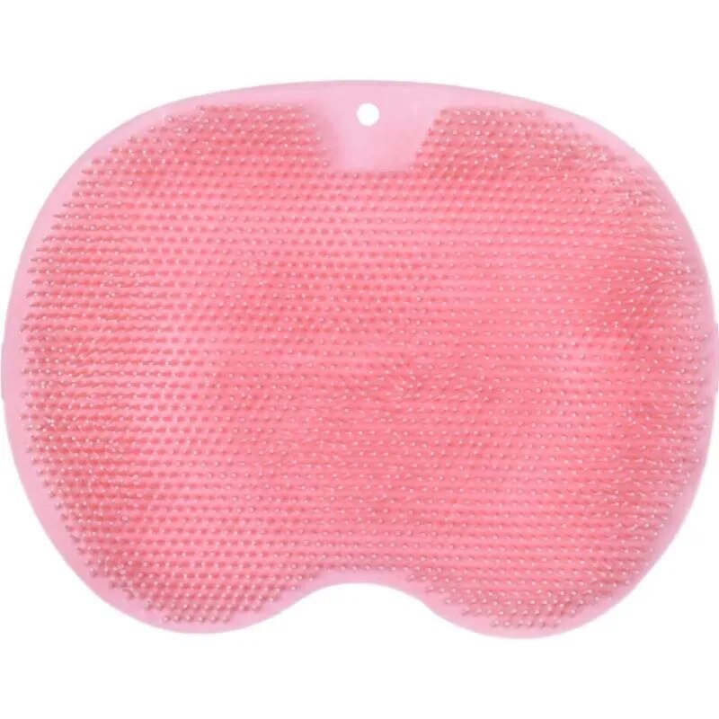 A pink silicone back scrubber with multiple bristles is shown against a tiled wall background