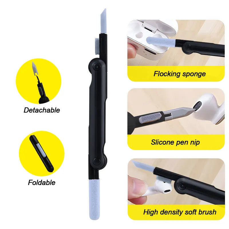 The image displays a black, multifunctional cleaning pen from a 7-in-1 electronics cleaner kit. It has a detachable, foldable design for portability and easy storage. Featured are the pen's different ends: a flocking sponge for gentle cleaning, a silicone pen nip for precise dirt removal, and a high-density soft brush for thorough dusting, each being used on earbuds.
