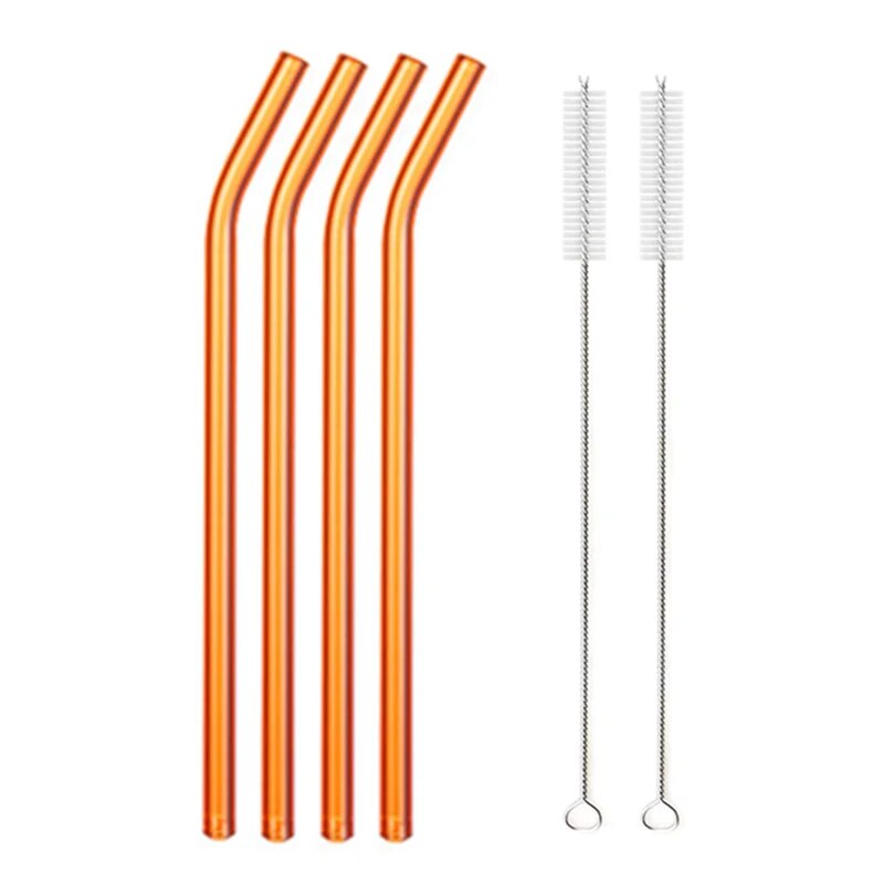 Individual images showing orange  bent and straight glass straws with cleaning brushes placed beside them on a white background.