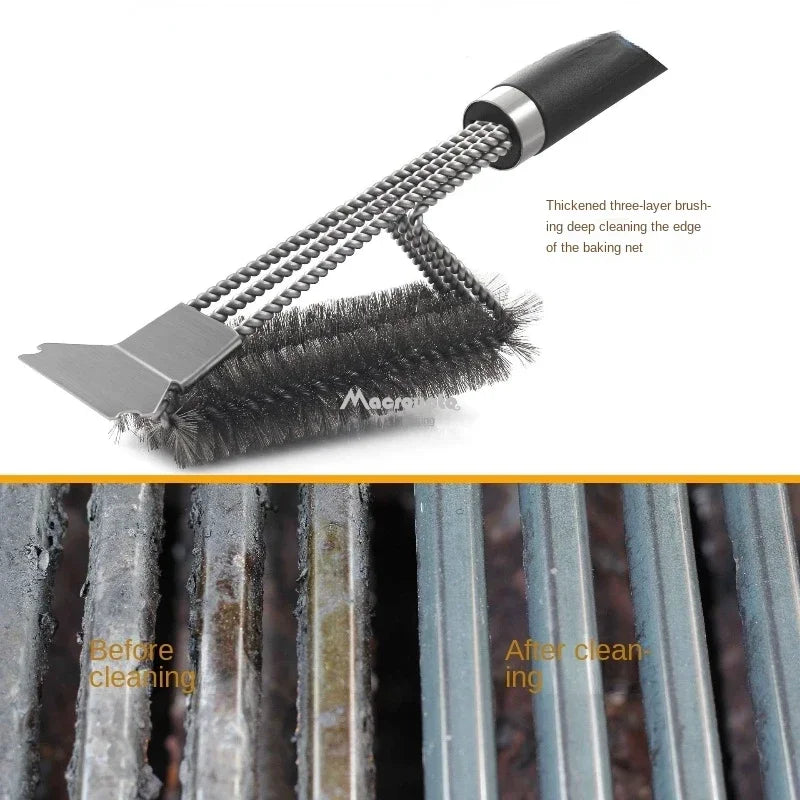The grill brush with stainless steel bristles and a long handle, highlighting its ergonomic design for comfortable use.