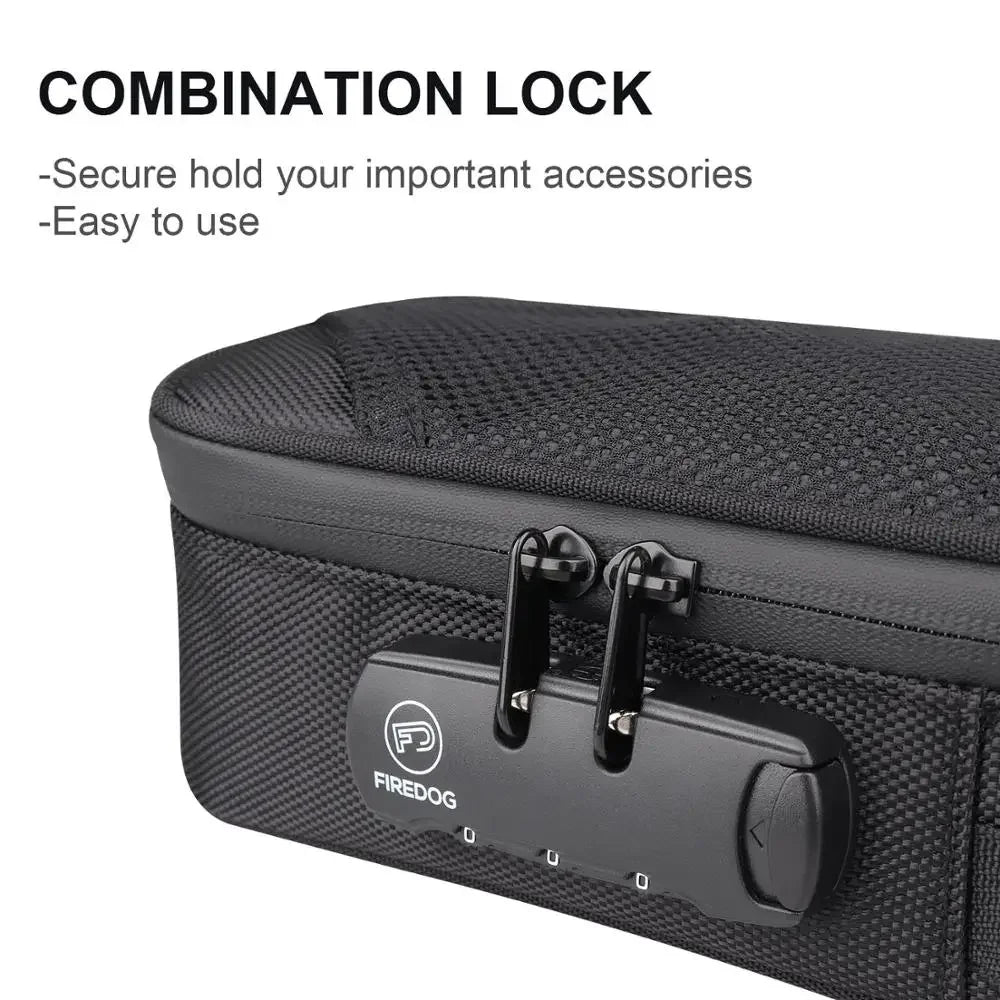Featured here is the black Odor Smell Proof Cigarette Smoking Stash Bag, focusing on its interior components. The image highlights the bag's carbon lining for odor resistance, customizable storage with removable Velcro dividers, and the sturdy combination lock ensuring your stash remains both scent-proof and secure.