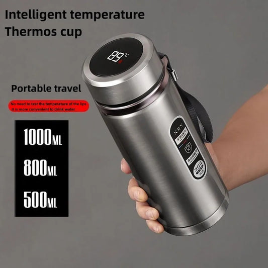 800ML-1 Liter Stainless Steel Thermos Bottle with LED Temperature Display: This image showcases the thermos bottle with its LED temperature display prominently featured. The bottle is designed for portable travel and comes in 500ML, 800ML, and 1000ML capacities.